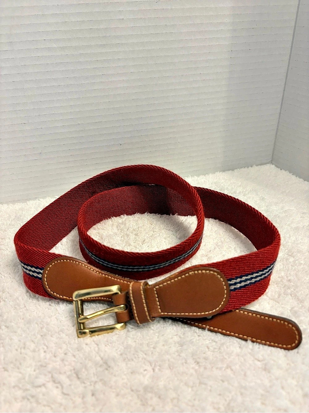 Dooney & Bourke Vintage Men’s Leather Red/Navy Wool Surcingle Belt Size 36
